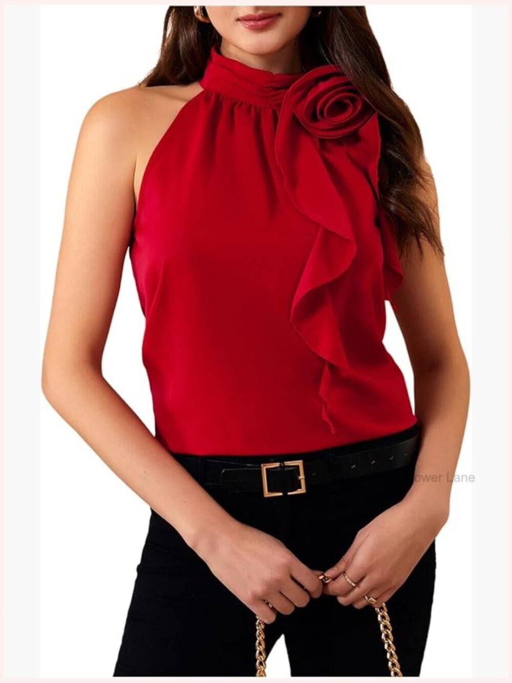 Sleeveless Halter Top with 3D Floral Appliques - Dressy Casual Blouse